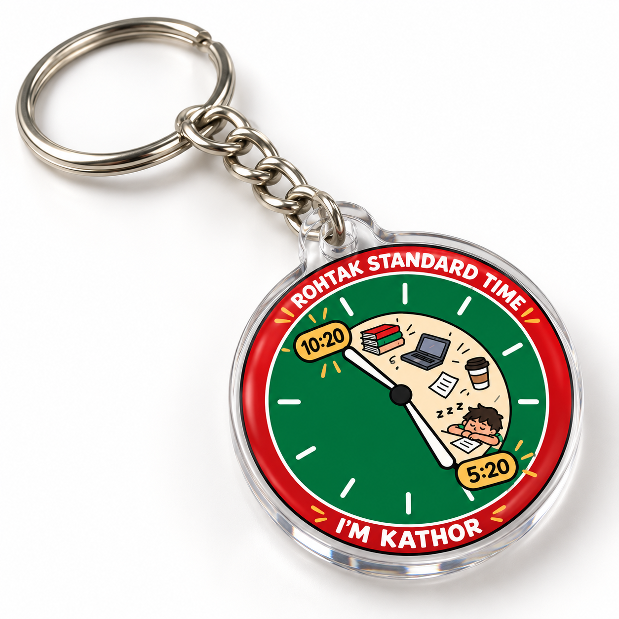 Rohtak Standard Time round acrylic keychain with silver chain and ring