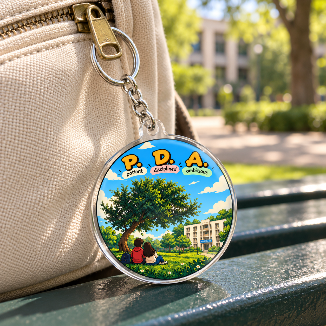P.D.A. campus badge acrylic keychain attached to a backpack