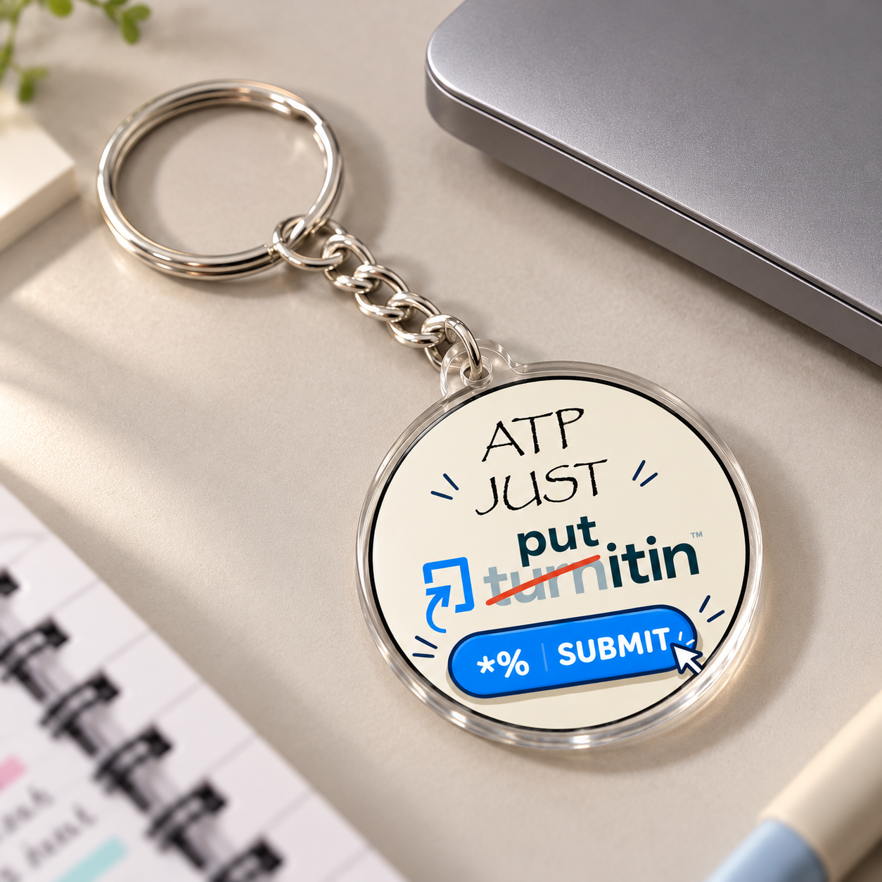 ATP Just Put Submit acrylic keychain beside a laptop