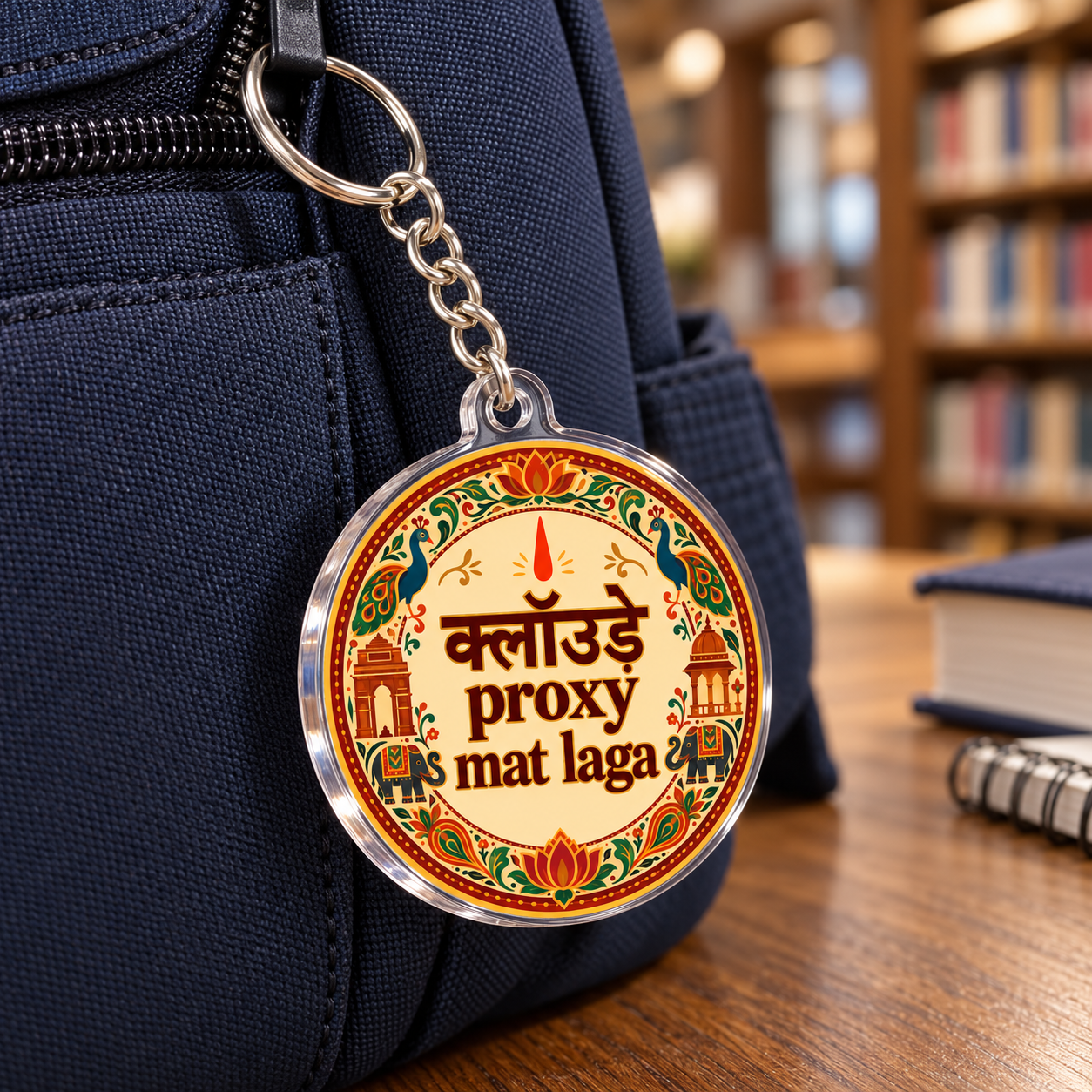 Proxy Mat Laga acrylic keychain attached to a navy backpack