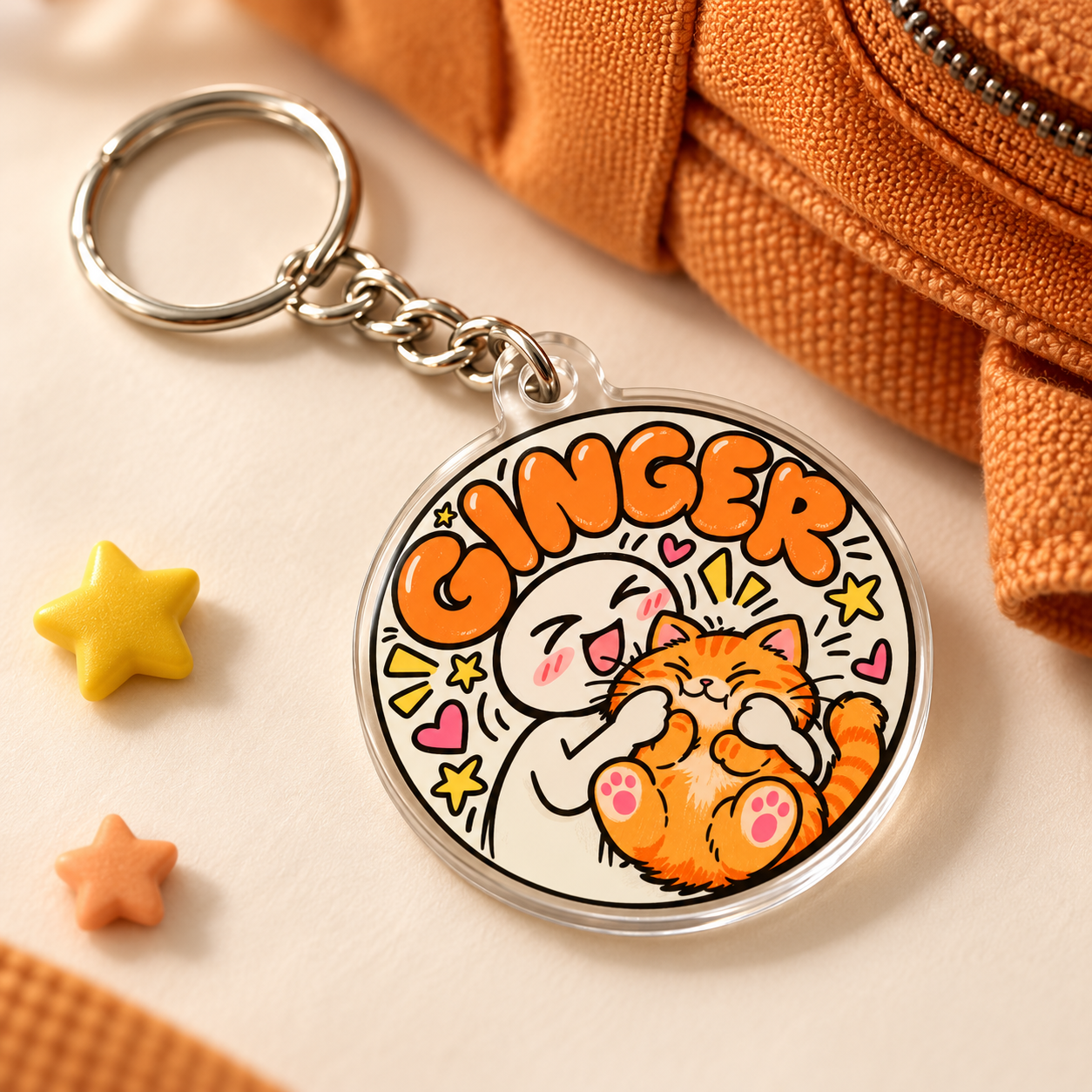Clinger Cat Club acrylic keychain on a warm cream studio surface